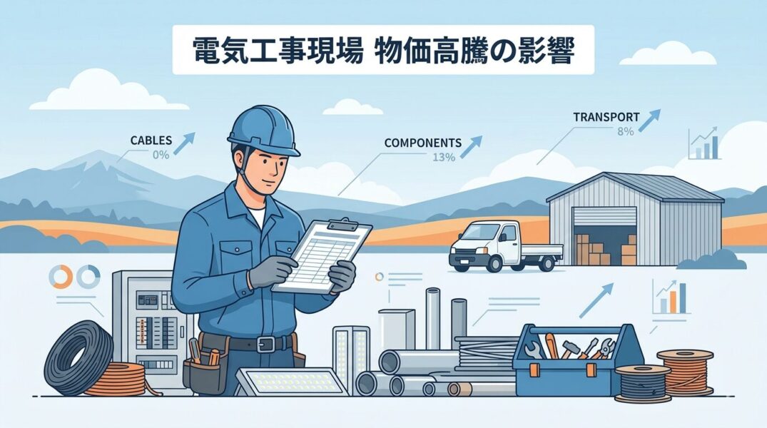 電気工事士がケーブルや分電盤などの資材価格を確認し、ネット通販と電材屋を使い分けて仕入れを考えているイラスト。