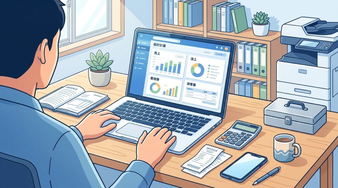 個人事業主が会計ソフトで領収書や確定申告の準備を進めている作業机のイラスト。

