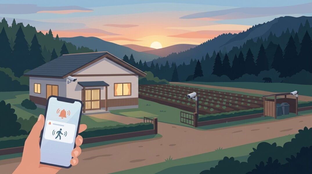 熊の出没対策として住宅や畑の周囲に防犯カメラを設置し、スマホ通知で監視するイメージイラスト。
