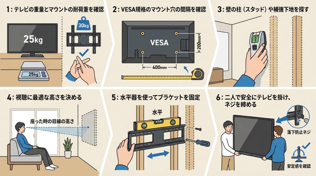 テレビ壁掛けDIYの6手順を1枚の図解イラスト