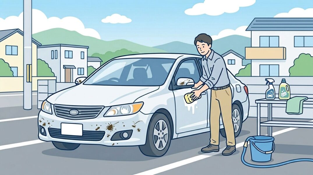 高速走行後に車のフロントへ付いた虫汚れを、虫取りクリーナーと洗車道具で落としているイメージイラスト。

