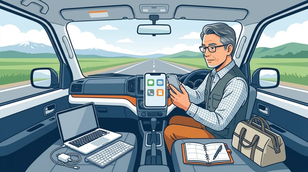 50代の自営業者がiPhoneとMacを使って仕事の連絡を整理しているイラスト。