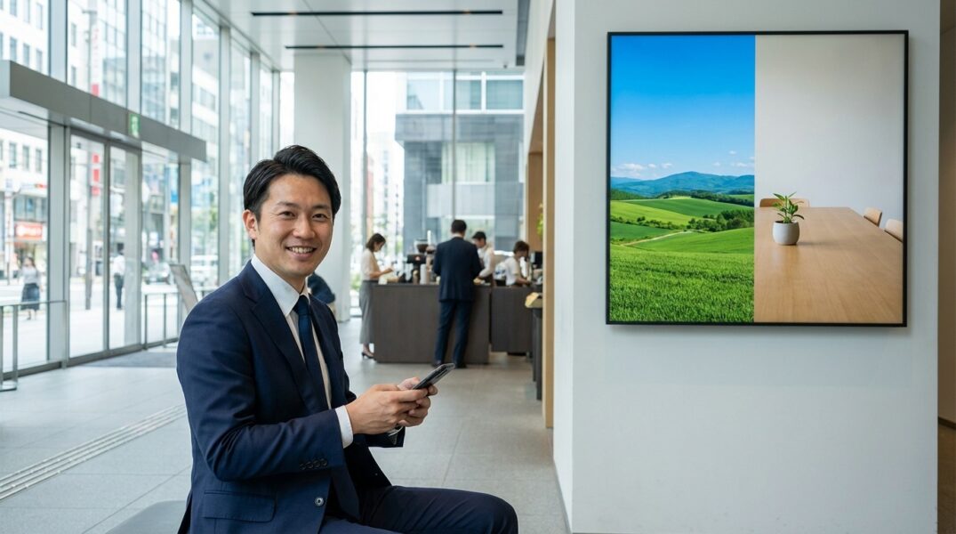 笑顔でスマホを持つビジネスマン、または北海道の爽やかな風景