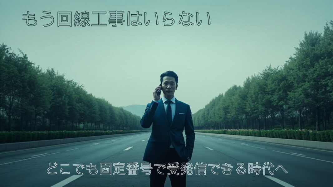 北海道の雄大な風景（大通公園や道央の直線道路）を背景に、スーツ姿の男性がスマホで通話している様子