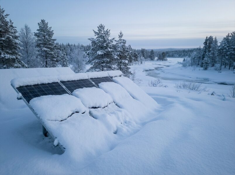 雪に覆われたソーラーパネルの写真（発電不可状態） Alt: 積雪でソーラーパネルが機能しない状態