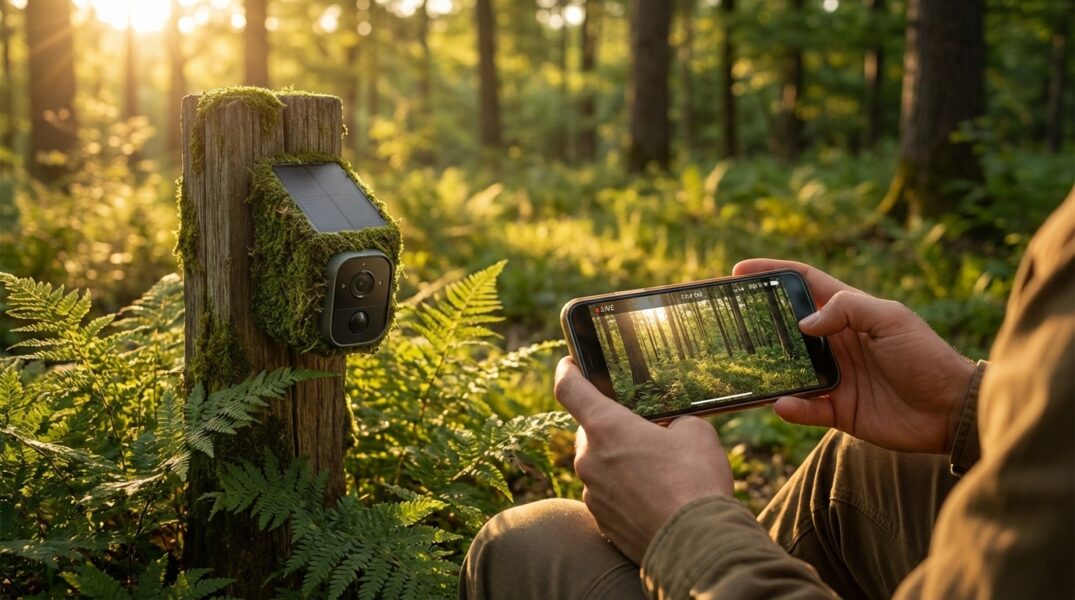 【成功イメージ】 設置されたソーラーカメラとスマホで確認している様子 Alt: スマホでソーラーカメラの映像を確認