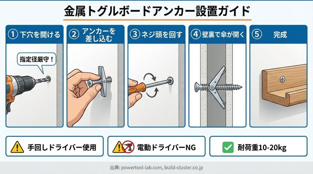 金属開脚式ボードアンカーの正しい取り付け方5ステップ｜下穴から完成まで

