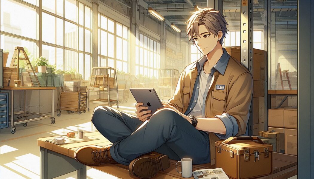 現場の昼休み、雑誌を読む 作業服姿の男性が、現場の休憩スペースでiPadを見ている 背景に工具や作業車 表情は穏やかでリラックス アニメ風