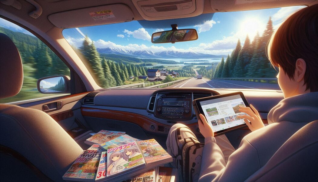 移動中の車内で情報収集 車の助手席(または運転席の休憩中)でiPadを操作 雑誌やマンガを読んでいる 北海道の風景が窓の外に アニメ風