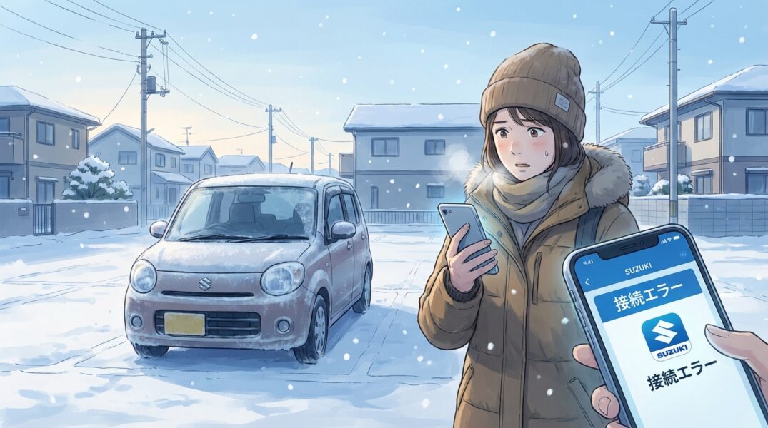 北海道の冬の朝、雪に覆われた駐車場で、凍ったフロントガラスの車の前でスマホを持ち困った表情をする人物。スマホ画面には「接続エラー」と表示されたスズキコネクトアプリ風の画面。住宅街の背景。フォトリアル、16:9。