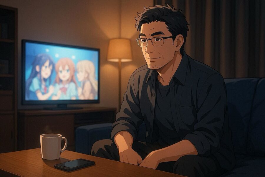 50代男性が夜にアニメを見ている雰囲気画像