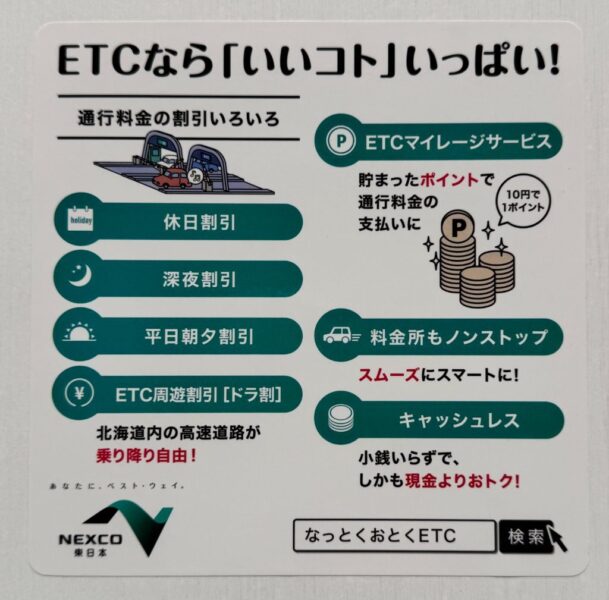 PAのトイレに掲示されているETCマイレージサービスや各種割引を案内するステッカー

