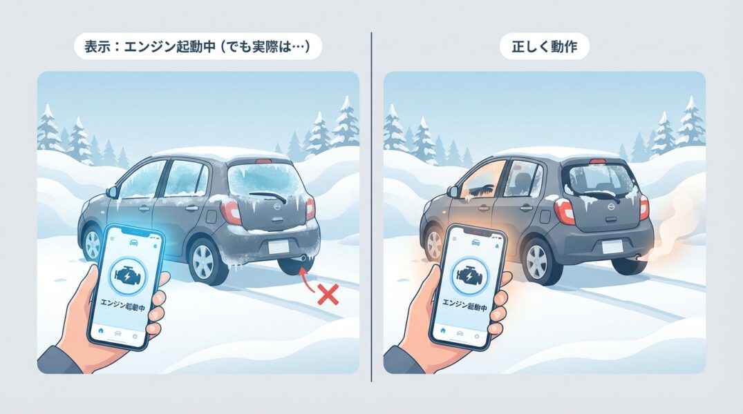 左右比較イラスト。左：スマホ画面に「エンジン起動中」と表示されているが、実際の車はエンジンがかかっていない（排気ガスなし、フロントガラス凍結）。右：正しく動作している状態（排気ガスあり、フロントガラス解氷）。インフォグラフィック風、シンプルでわかりやすいスタイル。