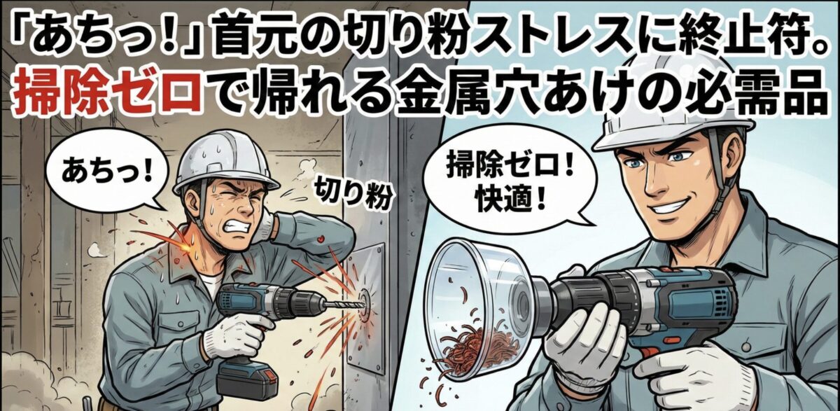 金属用ホールソーダストカバーの効果比較イラスト。