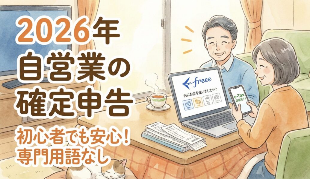 コタツでfreeeとe-Taxを使って確定申告をする自営業の年配夫婦のイラスト。「2026年 自営業の確定申告 初心者でも安心！専門用語なし」のタイトル文字入り。