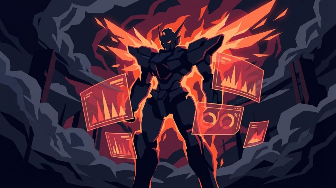 シンクロ率が限界を超えエマージェンシーが発動する巨大ロボットの覚醒シーンをイメージしたイラスト｜エヴァンゲリオン考察記事イメージ