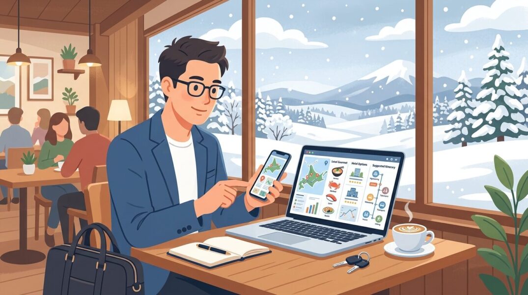 北海道出張中にカフェでGenspark Sparkpageを使い、AIで旅行計画やグルメ情報を整理しているイメージイラスト。

