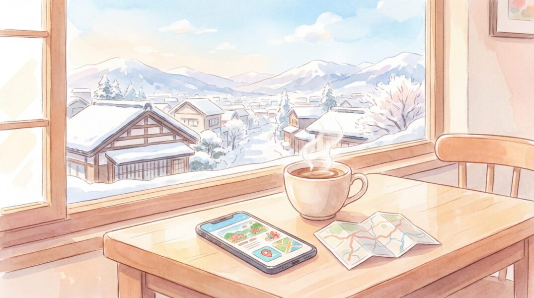 北海道の雪景色カフェシーン