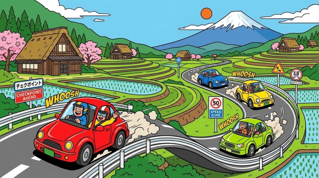 芸人キャノンボール2025のイメージイラスト:4チームがカラフルな車で日本の道を駆け抜け、富士山を背景にチェックポイントを目指すロケバラエティの躍動感を描いたフラットデザイン