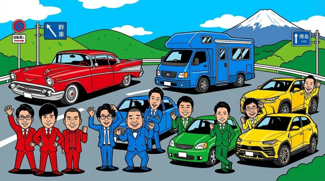 芸人キャノンボール2025の4チームイメージイラスト:個性的な車の前に立つ4グループの芸人たちをポップアート風に描いた、チーム対抗戦の躍動感あるビジュアル