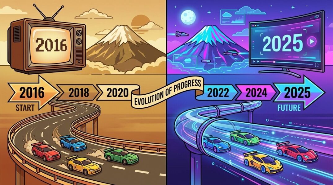 芸人キャノンボール歴代比較のイメージイラスト：2016年のテレビ画面と2025年の配信画面をタイムラインで繋ぎ、4台のカラフルな車が時代を駆け抜ける進化を表現したフラットデザイン