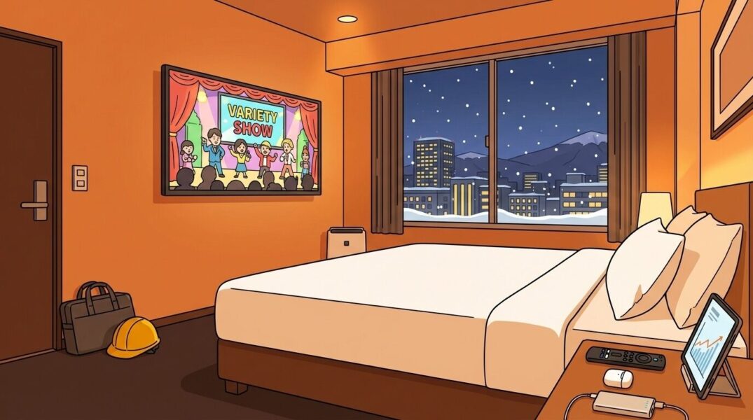 出張先のビジネスホテルでU-NEXTを楽しむイメージイラスト：大画面テレビにバラエティ番組が映り、ベッドサイドにFire TV Stickリモコン・ワイヤレスイヤホン・モバイルバッテリーが並ぶ、北海道の夜景が見える温かい部屋