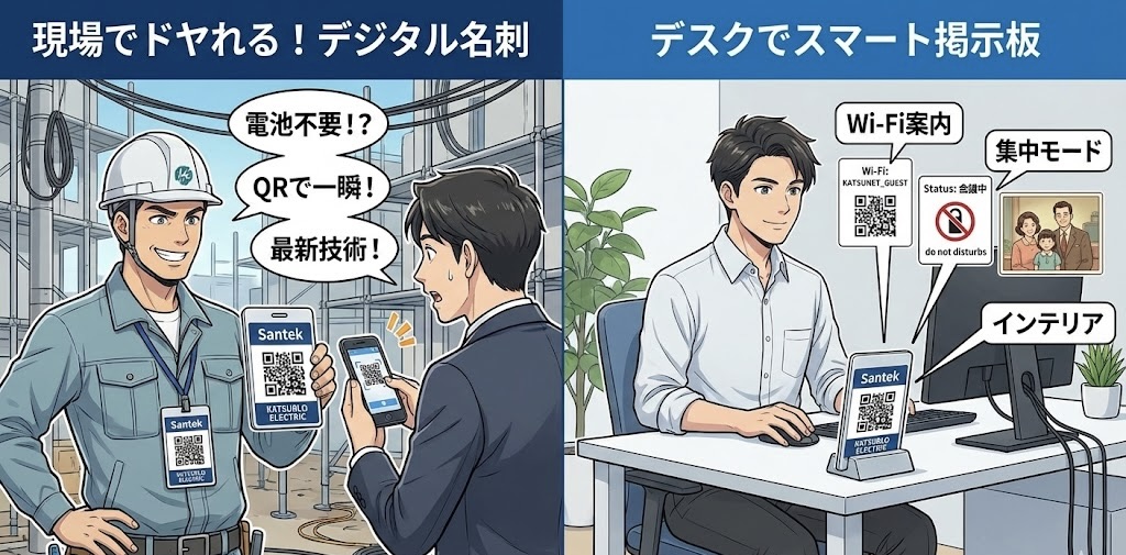 Santek EZ Sign NFCの活用イメージ：左側は建設現場で首から下げてQRコードでデジタル名刺交換をする様子、右側はデスクでWi-Fi案内や集中モード表示として活用する様子
