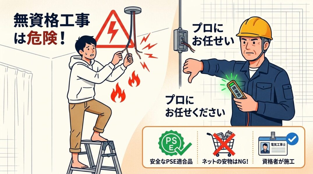 素人が天井から垂れた電線をむき出しのまま接続しようとしている危険な場面と、検電器を持った現役電気工事士が警告しているイラスト。無資格DIY配線による火災リスクとPSEマーク確認の重要性を示している。