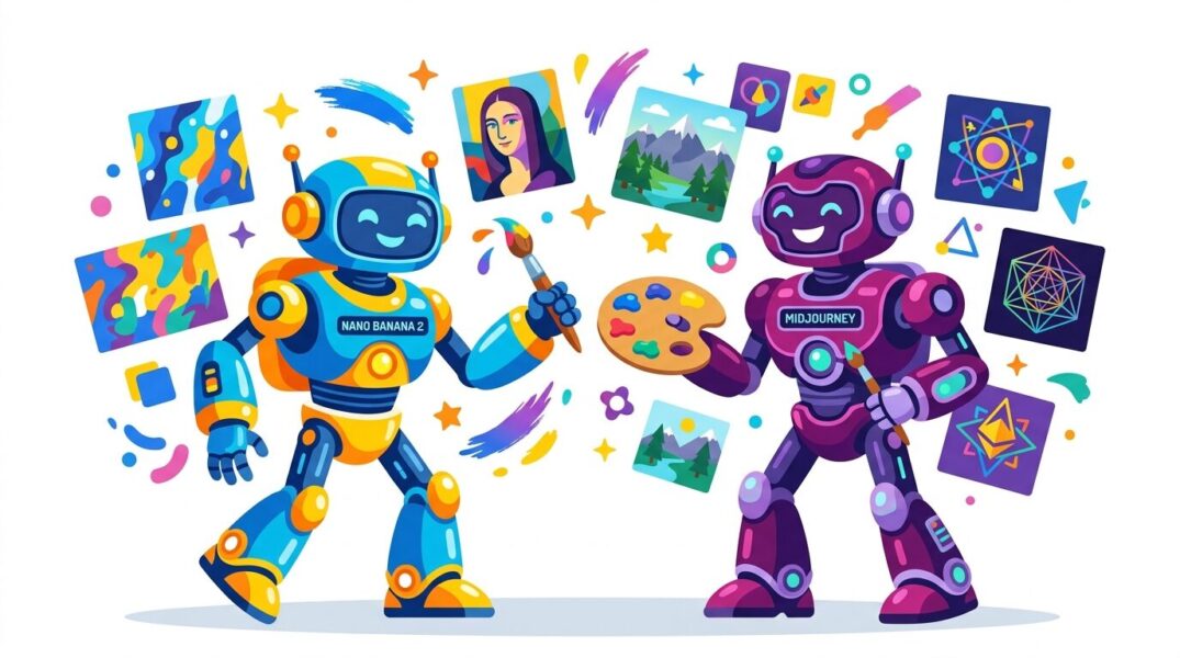 ナノバナナ2とMidjourneyを比較する2体のAIロボットのイラスト。画像生成AI対決をイメージしたフラットデザイン。