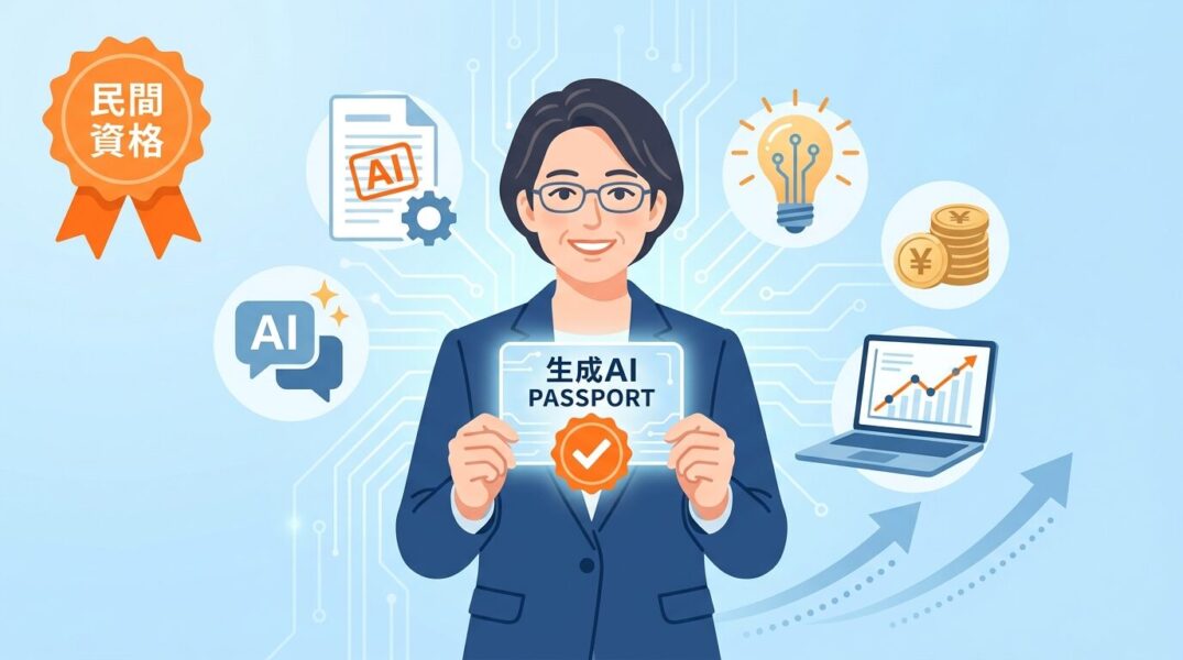 生成AIパスポートは国家資格ではなく民間資格であることを示すイラスト。合格後にAI研修講師・副業・DX推進など多様な仕事へ活かせることを、デジタルパスポートカードとキャリアアップの図解で表現。
