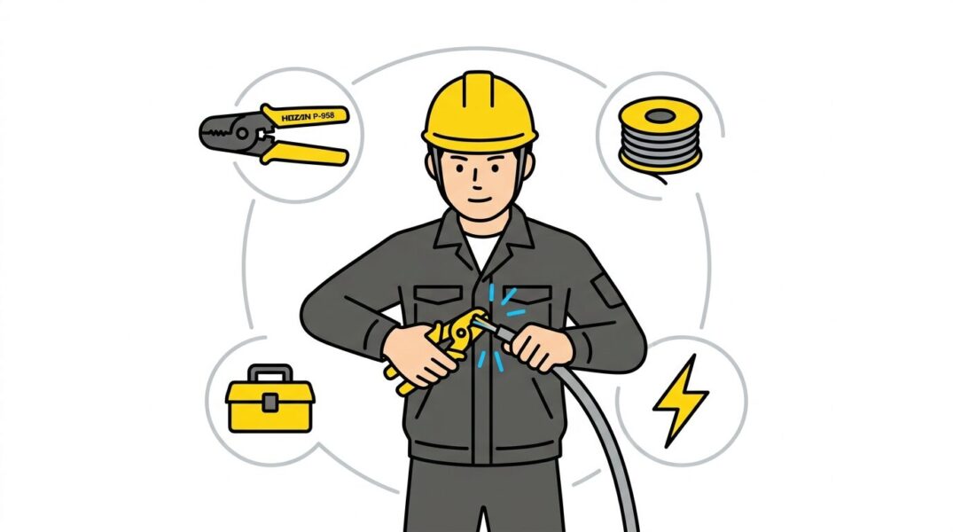 ヘルメット姿の電気工事士がVVFケーブルをワイヤーストリッパーで素早く剥いているイラスト。HOZANや工具箱のアイコンが周囲に浮かび、プロ向け電工工具のおすすめ記事をイメージした図解。

