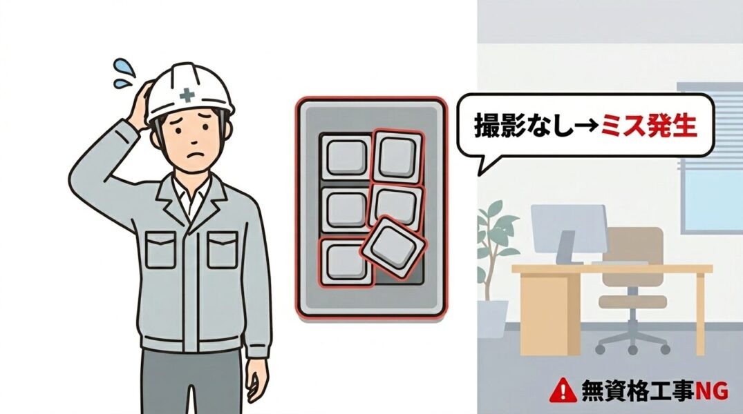 オフィスのコスモスイッチのボタン配置が間違っている状態を示したイラスト。無資格業者による電気工事トラブルのイメージ図。
