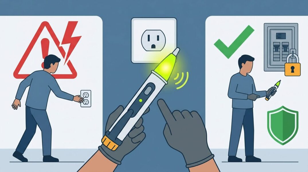980円の非接触ペン型検電器（LED＋ブザー付き）を使ってDIY作業前にコンセントや配線ケーブルの活線確認を行う方法と、ブレーカーを落とすだけでは不十分な感電リスクを現役電気工事士が解説するイラスト｜初心者向け電圧テスターの正しい使い方・動作確認手順ガイド【2026年最新】
