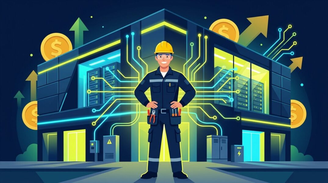 AIデータセンター需要で急成長する電気工事士の市場価値をイメージしたイラスト