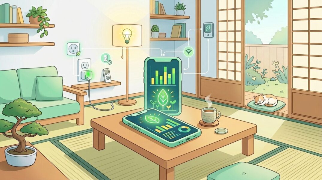 スマート家電で節電する2026年春の家庭をイメージしたイラスト