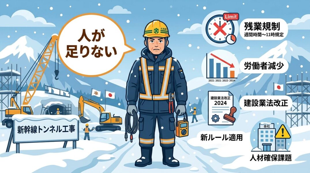  建設業法改正2026年・人材不足に直面する北海道の電気工事現場をテーマにしたフラットデザインのイラスト