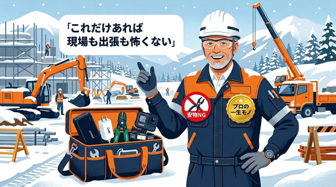 北海道の電気工事出張族プロが2026年新生活向けに厳選した、現場と出張で本当に使える一生モノアイテムを紹介するフラットデザインイラスト
