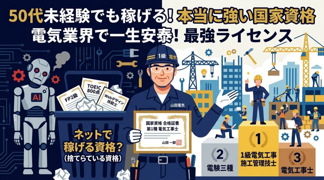 50代現役電気工事士がAI時代に本当に稼げる現場系国家資格ランキングを解説するフラットデザインイラスト