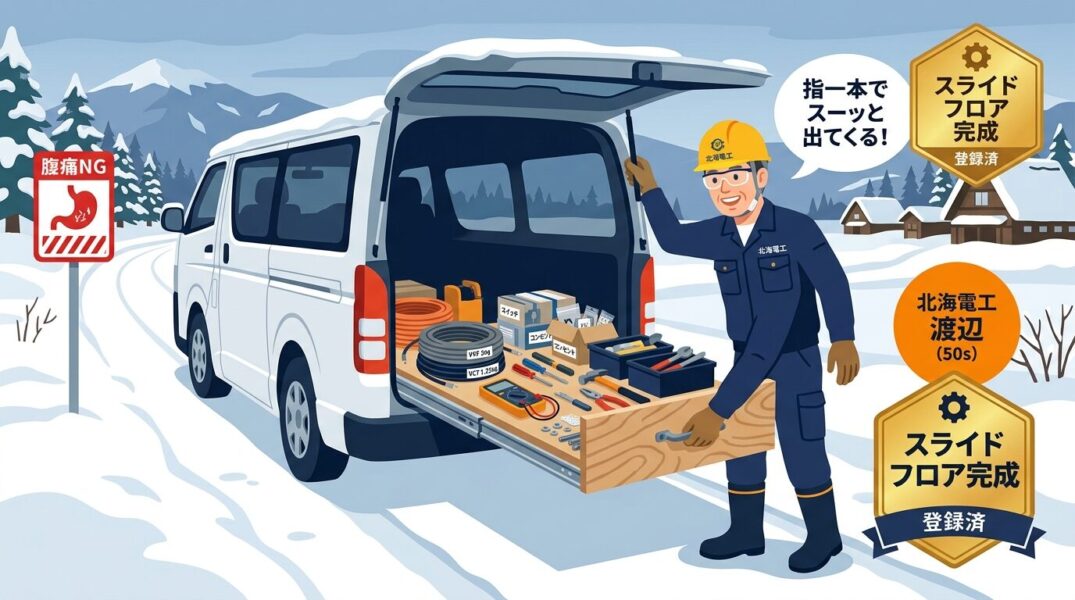 北海道の50代電気工事職人がハイエース荷室に重耐荷重スライドレールでスライドフロアをDIYし腰痛を解消した様子のフラットデザインイラスト