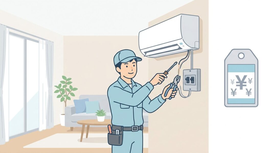 エアコン取り付け工事と電気工事の費用相場を解説するイメージイラスト
