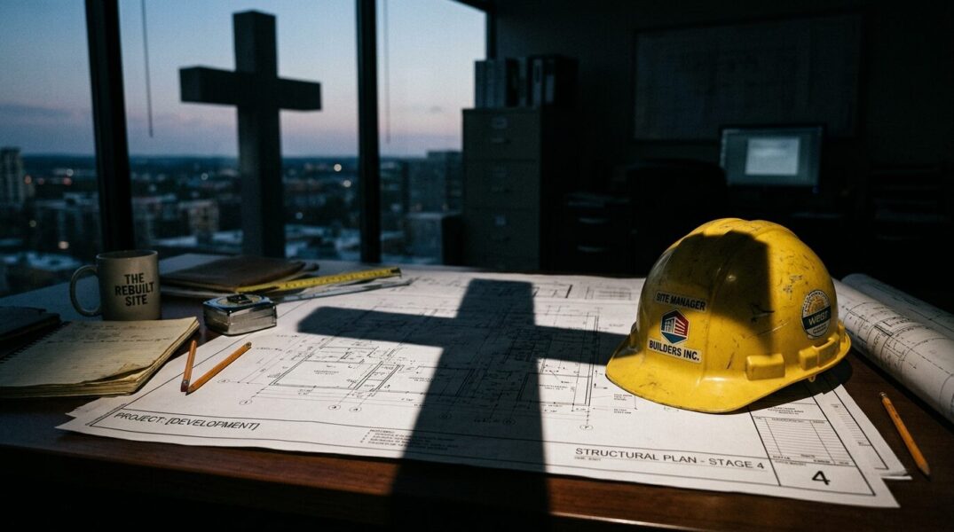 十字の影が落ちる建設図面の上に、黄色いヘルメットが置かれたデスク。