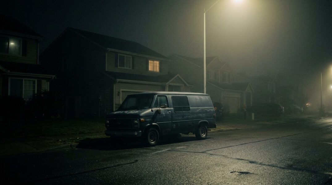 霧の夜の住宅街に、不審なバンが家の前に停まっている。
