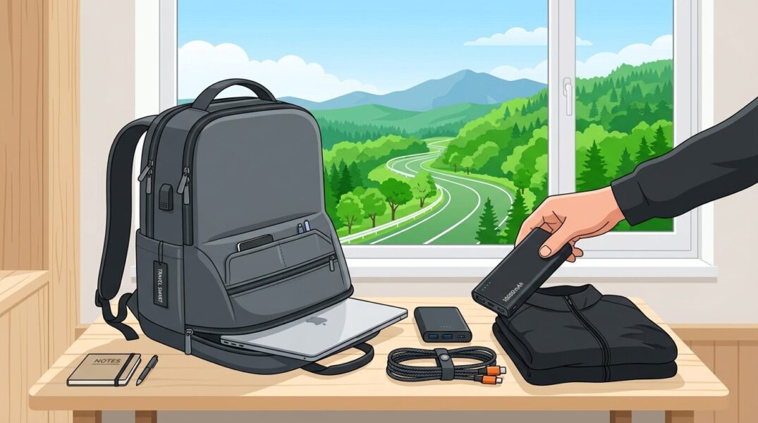 初夏の北海道出張に向けて、高出力モバイルバッテリーやパッカブルジャケットなどをスマートに収納したビジネスバッグのフラットイラスト