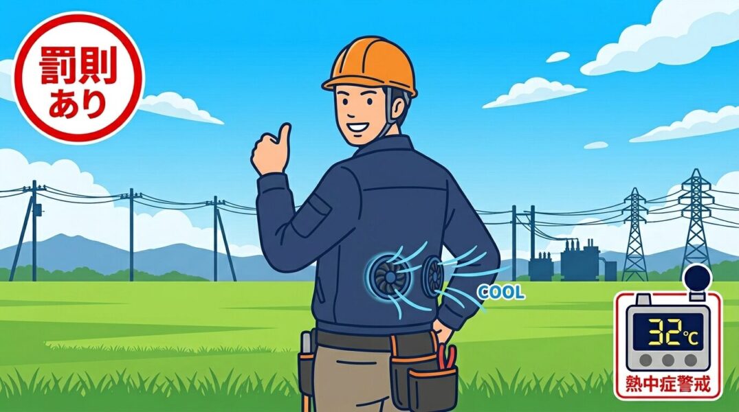 空調服を着て熱中症対策をしながら電気工事現場で作業する作業員のイラスト・2026年義務化対応版
