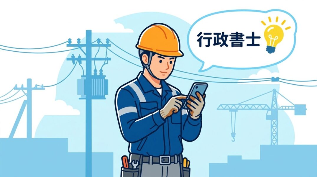 電気工事士がスマホで行政書士の勉強をしているイラスト｜自営業者が資格を取るメリットのイメージ