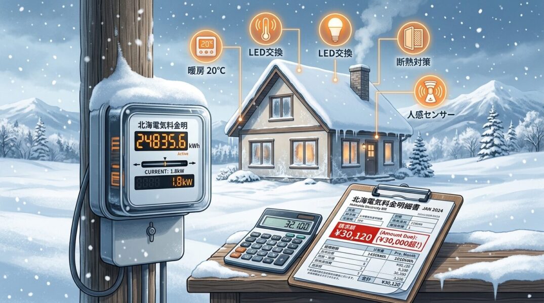 2026年5月電気代値上げイメージ｜北海道の冬の住宅と電気メーター・請求書、LED電球と人感センサーによる節電対策を示すイラスト
