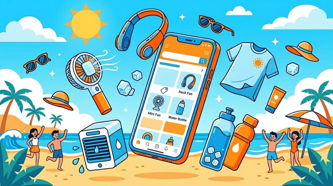Amazon夏2026おすすめ商品・熱中症対策グッズとプライムデーキャンペーンのイラスト
