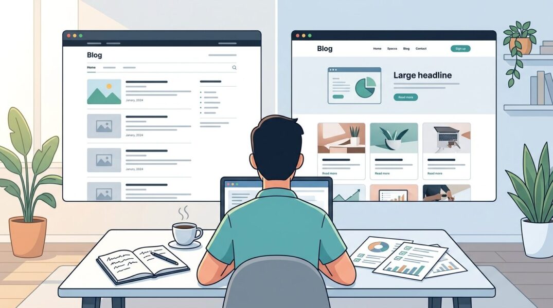 SWELLとCocoonの違いを比較するブログ運営者が、2つのWordPressテーマ画面を見比べているイラスト。

