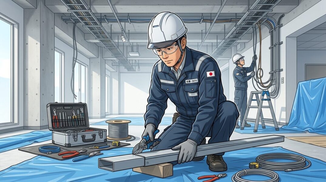 火花を出さずにレースウェイカッターで金属レースウェイを切断する電気工事作業員のイラスト。

