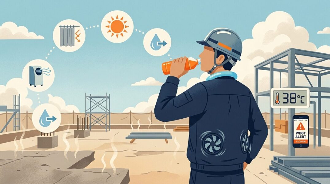 空調服とPCMネッククーラーを身につけた作業員が屋根上で経口補水液を飲み、WBGT警報スマホ・温度計・スポットクーラーアイコンが並ぶ、2026年夏の猛暑対策を象徴するイラスト